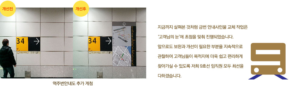역주변 안내도 추가 게첨. 지금까지 살펴본 것처럼 금번 안내사인물 교체 작업은‘고객님의 눈’에 초점을 맞춰 진행되었습니다. 앞으로도 보완과 개선이 필요한 부분을 지속적으로 관찰하여 고객님들이 목적지에 더욱 쉽고 편리하게 찾아가실 수 있도록 저희 9호선 임직원 모두 최선을 다하겠습니다. 